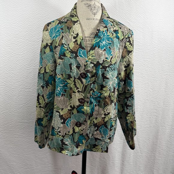 R.Q.T. Blazer Jacket Floral  Linen Rayon Blend 16W Long Sleeve Button Up - Picture 2 of 8